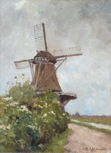 Gerard Altmann - Poldermolen met bloeiende berm