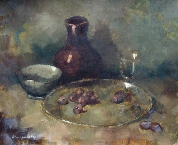 Louis Demesmaeker - Herfststilleven met kastanjes op een bord