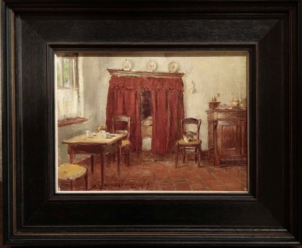 Adrianus J. Groenewegen - Interieur met bedstee en poesje op stoel