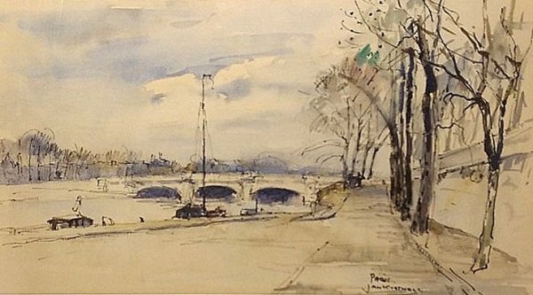 Jan Korthals - Kade van de Seine met brug in Parijs