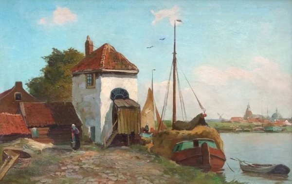 Chris  (Christiaan Pieter) Snijders - Aangemeerd vrachtschip omgeving Rotterdam